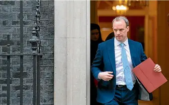  ?? AP ?? Britain’s Foreign Secretary Dominic Raab leaves a meeting in Downing Street, London. Raab will deputise for Prime Minister Boris Johnson who is in intensive care in a London hospital with Corvid-19.