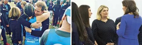  ??  ?? Left Bryony receives a hug from Prince Harry before the London Marathon in 2017. Right Chatting to the Duchess of Cambridge at the first Royal Foundation Forum in February