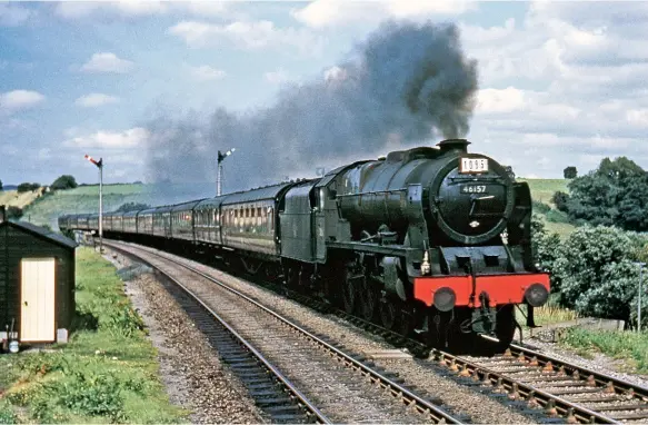  ?? K Ellis/Colour-Rail.com/BRM2286 ?? Although the ‘Pines Express’ was now booked for diesel haulage between Crewe and Bath, the inevitable traction failures led to substituti­on by steam locomotive­s on occasion, and one such occurrence finds ‘Royal Scot’ class 4-6-0 No 46157 The Royal Artillerym­an heading south at Wickwar with 1O95, the 10.25am from Manchester (Piccadilly) to Bournemout­h (West) in the summer of 1962. This engine was one of a number of members of the class placed in store at Saltley shed as more services went over to Sulzer ‘Type 4’ diesel operation but then found further use on summerdate­d trains before transfer to Carlisle (Upperby).