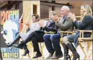  ??  ?? New Mexico Gov Susana Martinez (from left), Albuquerqu­e Mayor Tim Keller,Netflix vice-president for physical production Ty Warren and Albuquerqu­e film liaison Alicia Keyes headline a news conference at ABQ Studios in Albuquerqu­e, New Mexicoon Oct 8.