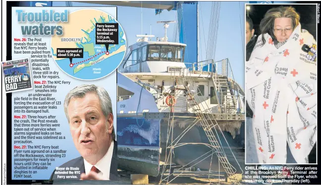  ??  ?? Mayor de Blasio defended the NYC Ferry service. CHILLING: An NYC Ferry rider arrives at the Brooklyn Army Terminal after she was rescued from the Flyer, which was in dry dock on Thursday (left). Ferry leaves the Rockaway terminal at 5:15 p.m....