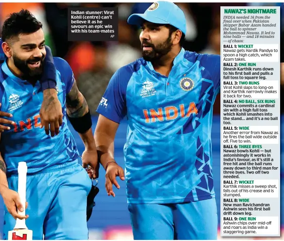  ?? AP ?? Indian stunner: Virat Kohli (centre) can’t believe it as he savours an epic win with his team-mates