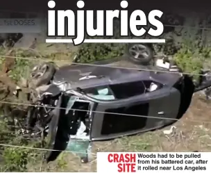  ??  ?? CRASH
Woods had to be pulled from his battered car, after SITE it rolled near Los Angeles