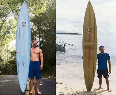  ??  ?? Sea to sea: Falter (left) posing with his surfboard in Hawaii in 2015 and Branzuela posing with the same surfboard on Sarangani island five years later. —AFP