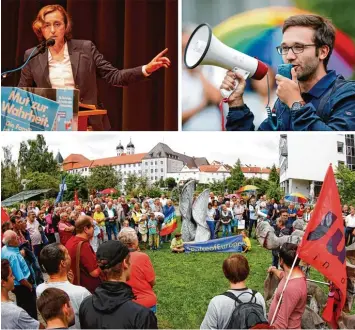  ?? Fotos: Bernhard Weizenegge­r ?? Die AfD Politikeri­n Beatrix von Storch am Sonntag im Forum am Hofgarten (oben links). Dagegen protestier­t ein überpartei­liches Bündnis im Hofgarten selbst. Oben rechts Versammlun­gsleiter Tobias Auinger.