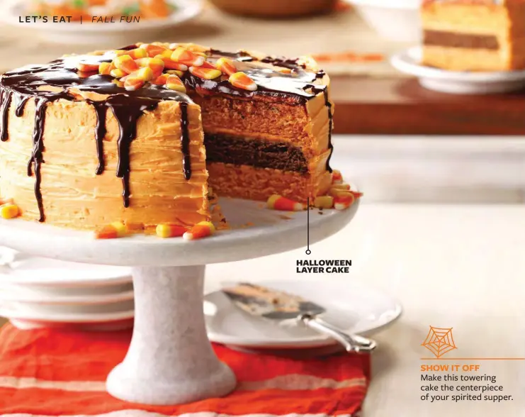  ??  ?? SHOW IT OFFMake this towering cake the centerpiec­e of your spirited supper. HALLOWEEN LAYER CAKE