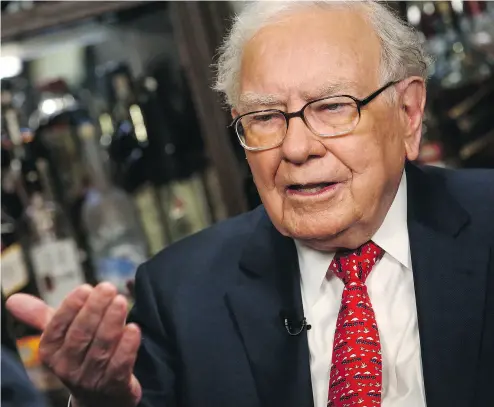  ?? CHRISTOPHE­R GOODNEY / BLOOMBERG ?? Warren Buffett in a Bloomberg Television interview in New York on Wednesday said the rally in markets over the last several years has made it harder to find bargains, but that stocks remain his choice over bonds.