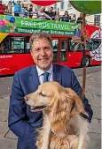  ?? Pic (left): Weca ?? The plans for a bus ‘wrap’ to launch the West of England Birthday Bus scheme. Right, Metro Mayor Dan Norris with dog Angel at a launch in Bath