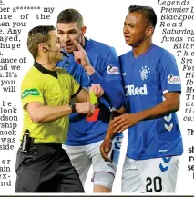  ??  ?? Three’s a crowd: Morelos gets shown his third red card of the season, despite Kyle Lafferty’s protests