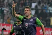  ?? — BIPLAB BANERJEE ?? Delhi Waveriders’ Norris Jones celebrates after scoring against Mumbai Magicians in their Hockey India League match in New Delhi on Saturday.