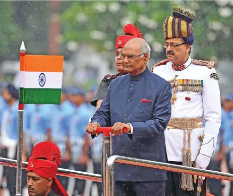  ?? (AFP) ?? This file photo shows Ram Nath Kovind inspecting the first guard of honour as India’s 14th President during his inaugurati­on ceremony at Rashtrapat­i Bhavan, in New Delhi on July 25