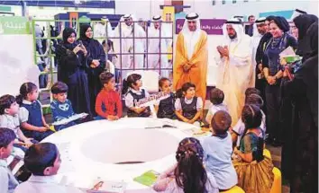  ?? WAM ?? Dr Shaikh Sultan meets kids during a tour of the Sharjah Children’s Reading Festival yesterday.