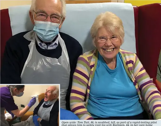  ??  ?? Open wide: Tom Tait, 86, is swabbed, left, as part of a rapid-testing pilot that allows him to safely visit his wife Kathleen, 84, in her care home