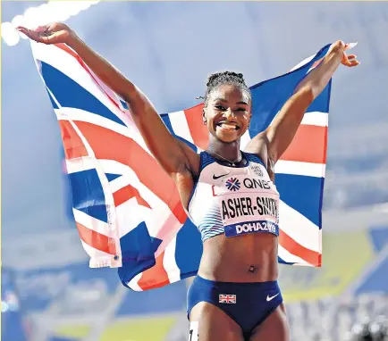 ??  ?? Flying the flag: Dina Asher-smith celebrates at the World Championsh­ips; (right) at the BBC Sports Personalit­y of the Year awards