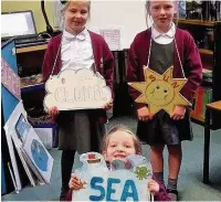  ??  ?? ●● Millie Booth, Emily Moffitt and Farrah Squire act out the natural water cycle