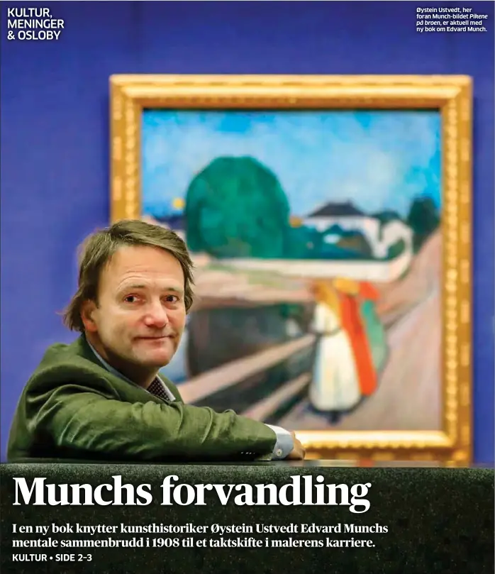  ??  ?? Øystein Ustvedt, her foran Munch-bildet Pikene på broen, er aktuell med ny bok om Edvard Munch.