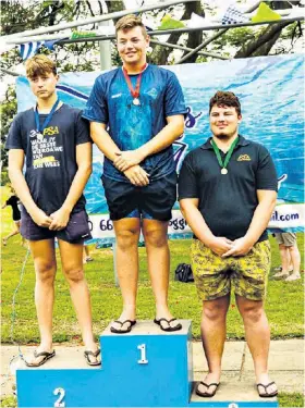  ?? ?? PR van Niekerk (Pongola Swim Academy), Sven Hinze (Stingrays) and Ryno van der Walt (Pongola Swim Academy) chuffed with their medals