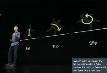  ??  ?? I wasn’t able to trigger the fall detection with a fake tumble. It’s hard to fake a fall that feels like a real one