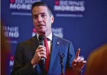  ?? DAVID DERMER / AP ?? Cleveland businessma­n Bernie Moreno, a Republican candidate for U.S. Senate, speaks to supporters during his primary election night watch party Tuesday in Westlake, Ohio.