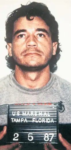  ?? ?? Mugshot of Carlos Lehder after his extraditio­n to the USA in 1987. The drugs boss made billions from a life of crime in the 70s and 80s.