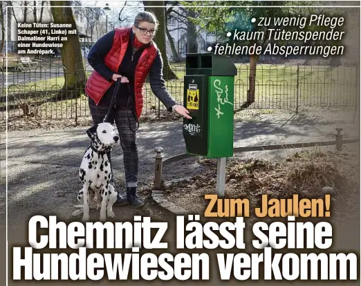  ??  ?? Keine Tüten: Susanne Schaper (41, Linke) mit Dalmatiner Harri an einer Hundewiese am Andrépark.