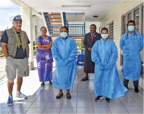  ?? Photo: Office of the Prime Minister ?? Prime Minister Voreqe Bainimaram­a and Minister for Health and Medical Services Dr Ifereimi Waqainabet­e at a fever clinic in Valelevu, Nasinu on April 9, 2020.