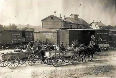  ?? SUBMITTED PHOTO S ?? These are not Conestoga wagons but simply service wagons used to haul goods to and from stations in this case. Commonly, they were also used to make short trips from the lime kiln to the farm field, locally at the double Limekiln near Hoch’s Corner in...