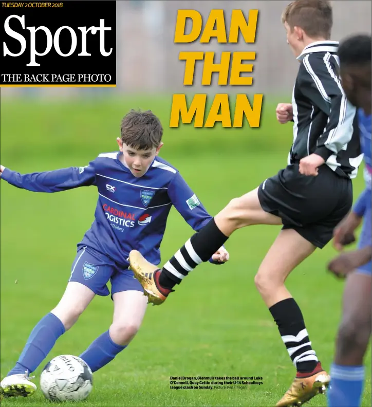  ?? Picture: Ken Finegan ?? Daniel Brogan, Glenmuir takes the ball around Luke O’Connell, Quay Celtic during their U-14 Schoolboys league clash on Sunday.