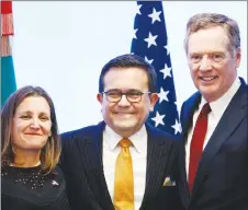  ?? CP PHOTO ?? Foreign Affairs Minister Chrystia Freeland, left, Mexico’s Secretary of Economy Ildefonso Guajardo Villarreal, and U.S. Trade Representa­tive Robert Lighthizer pose for a photo at a news conference regarding the seventh round of NAFTA renegotiat­ions in...