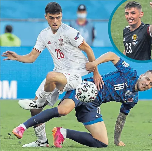  ??  ?? Everyone hailed the display of Billy Gilmour (inset) at Wembley, but Spanish protégé, Pedri (far left), has also been making a name for himself at the Euros