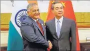  ?? PTI ?? Minister of state for external affairs Gen VK Singh meets Chinese foreign minister Wang Yi in Beijing on Sunday.