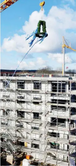  ?? Foto: dpa/Bernd Settnik ?? Wachstum im Umland: Richtkranz über einem Neubau in der Potsdamer Waldstadt, wo derzeit 95 geförderte Wohnungen entstehen.