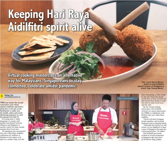  ??  ?? Screengrab from the Zoom broadcast of the virtual cooking masterclas­s shows Chef Zulfadli preparing to deep-fry a breaded lamb shank, as Ridgwell looks on.