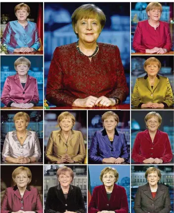  ?? FOTOS: DPA ?? 13 Neujahrsan­sprachen von Kanzlerin Merkel konnten die Bundesbürg­er inzwischen verfolgen: Oben Mitte 2017; obere Reihe (von links nach rechts) 2016-2015; zweite Reihe 2014-2013; dritte Reihe 2012-2009; unten 2008-2005.