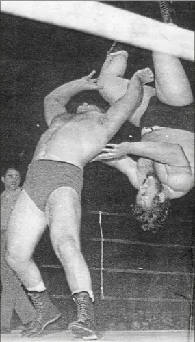  ??  ?? Bruno Sammartino tosses Gorilla Monsoon over his head during a match in Madison Square Garden in the 1960s. Mr. Sammartino won the match.