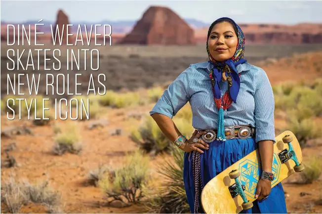  ?? | PHOTOS BY SHARON CHISCHILLY ?? Naiomi Glasses, Diné skateboard­er of Rock Point, Arizona, became a viral star on TikTok after posting a video of herself skating down a red sandstone slope.