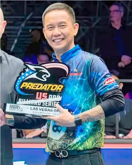  ?? PHOTOGRAPH COURTESY OF PREDATOR PRO BILLARD SERIES ?? LEE Vann Corteza outplays fellow Filipino Carlo Biado to rule the 2024 Las Vegas Open men’s 10-ball tournament.