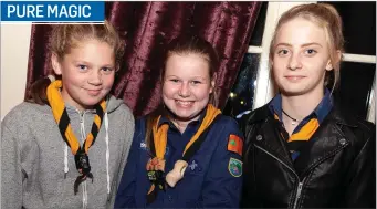  ??  ?? Lucy Duffy, Aisling Van Der Does and Rebecca Killick of 3rd Wicklow Scouts (Newtownmou­ntkennedy) at the Pure Mile Awards in the Brooklodge Hotel.