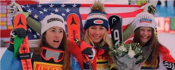  ?? AP ?? Il podio del superG: da sinistra Sofia Goggia, 26 anni, Mikaela Shiffrin, 23, e Corinne Suter, 24 anni