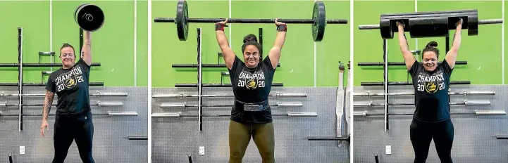  ?? WARWICK SMITH/STUFF ?? Manawatu¯ strongwome­n Melanie Poa, left, Shayna Wirihana and Hinewai Pouwhare-anderson have won national titles, and are hungry for more success.