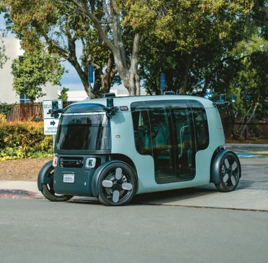  ?? ZOOX INC. ?? Zoox, a self-driving vehicle, takes to the road Feb. 11 in Foster City, Calif. The robotaxi company owned by Amazon says it has successful­ly carried passengers on public roads.