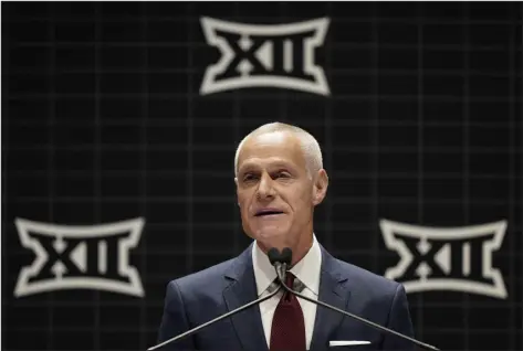  ?? CHARLIE RIEDEL — THE ASSOCIATED PRESS ?? Big 12 commission­er Brett Yormark addresses the media during the NCAA college Big 12 women’s basketball media day on Tuesday in Kansas City, Mo.