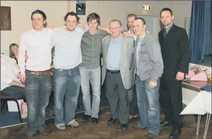  ??  ?? SUPPORTER: Ian Macfarlane (centre), with past winners of the Maggie Macfarlane Award L-R: James Hutchinson, Brent Gough, Andy Munroe, Nathan Rempel, Jon Cotton and Dwayne Newman.