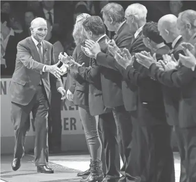  ?? TOM SZCZERBOWS­KI/USA TODAY SPORTS ?? Bruins owner Jeremy Jacobs is introduced during a pregame ceremony before the start of the Maple Leafs Hall of Fame Game against the Bruins at Air Canada Centre.