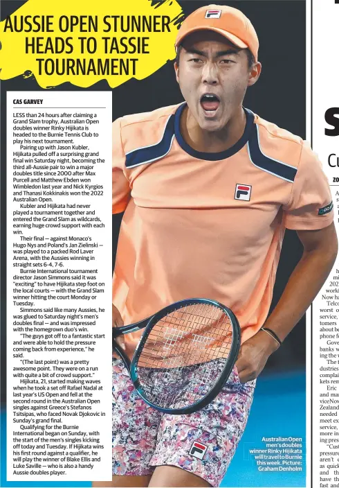  ?? ?? Australian Open men’s doubles winner Rinky Hijikata will travel to Burnie this week. Picture: Graham Denholm