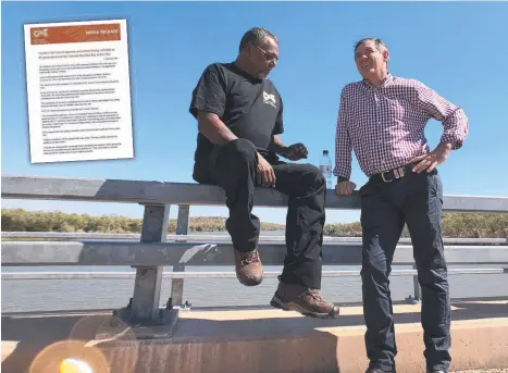  ??  ?? Northern Land Council chairman Samuel Bush-Blanasi and Chief Minister Michael Gunner discussed fishing areas, but now the NT government is confused after the NLC released an ad contradict­ory to its previous statement (inset).