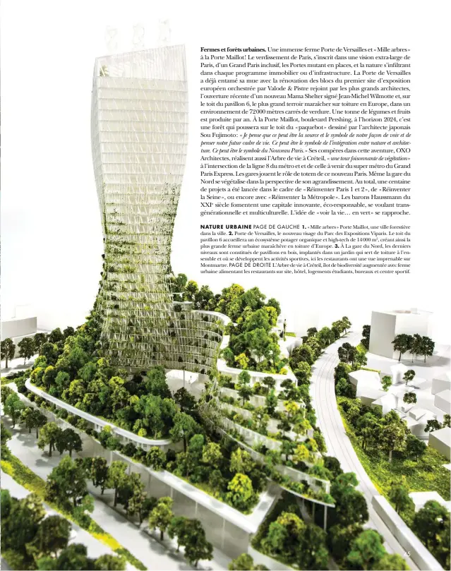  ??  ?? PAGE DE DROITE L’Arbre de vie à Créteil, îlot de biodiversi­té augmentée avec ferme urbaine alimentant les restaurant­s sur site, hôtel, logements étudiants, bureaux et centre sportif.