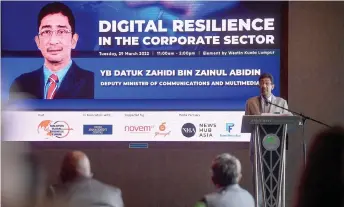  ?? — Bernama photo ?? Zahidi delivering his keynote speech at the Malaysia Global Business Forum (MGBF) Roundtable on Digital Resilience in the Corporate Sector at Menara Ilham Baru.