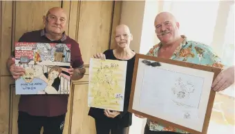  ??  ?? Artist and student Andy Parkin, right, who has drawings from famous prisoner Charles Bronson, below, is pictured with his friends Vic and Val Venner and the artwork. Picture: TOM BANKS