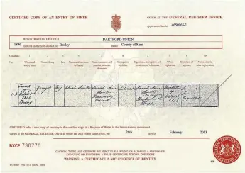  ??  ?? The birth certificat­e of Ian Smith’s paternal great grandfathe­r, George Smith